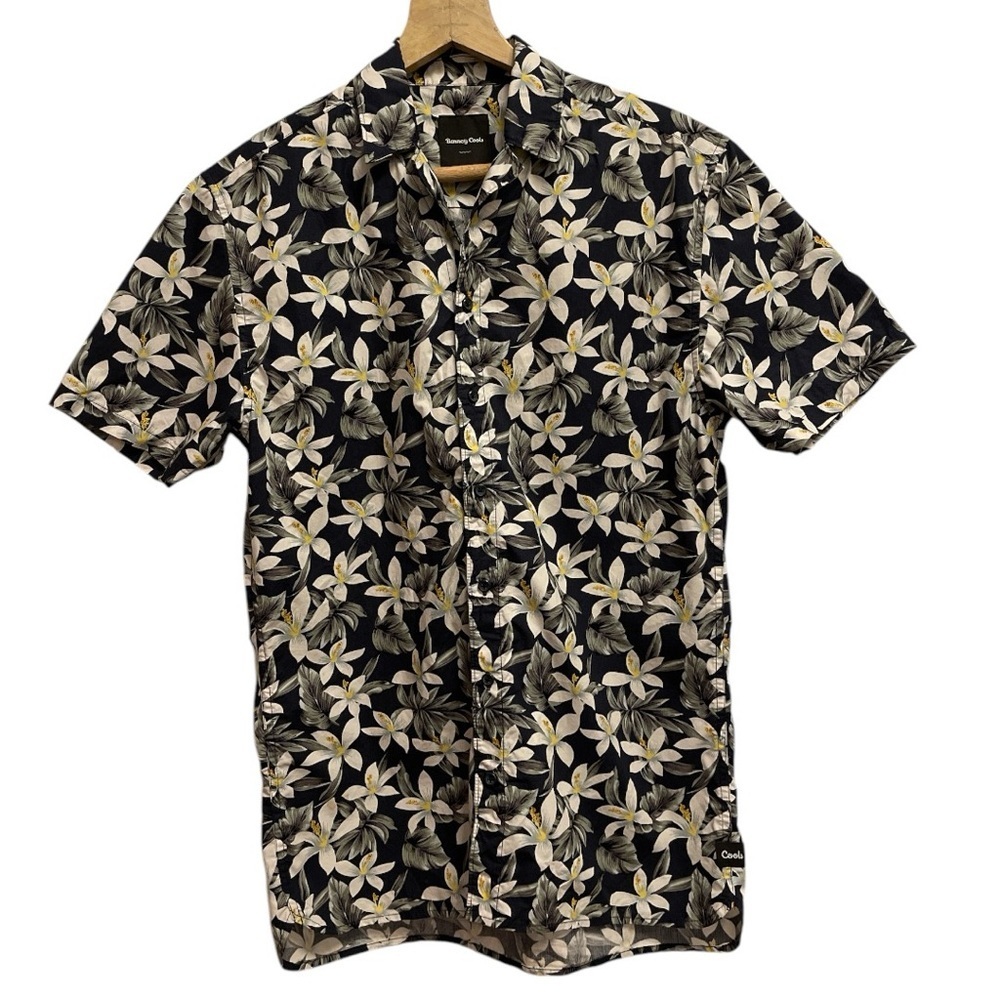 BARNEY COOLS S indigo/white plumeria floral print 100% cotton Hawaiian shirt